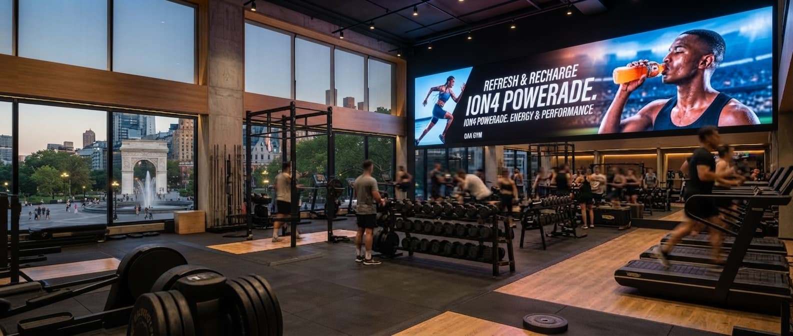 Downtown New York gym with a panoramic BetterScreenTV screen over Washington Square Park